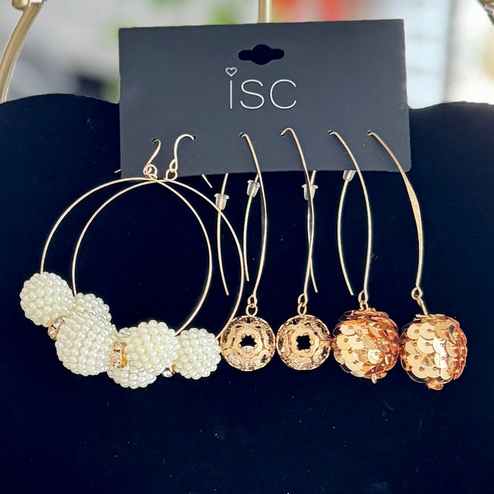 3 pairs Gold and Cream Hoop Earrings Set